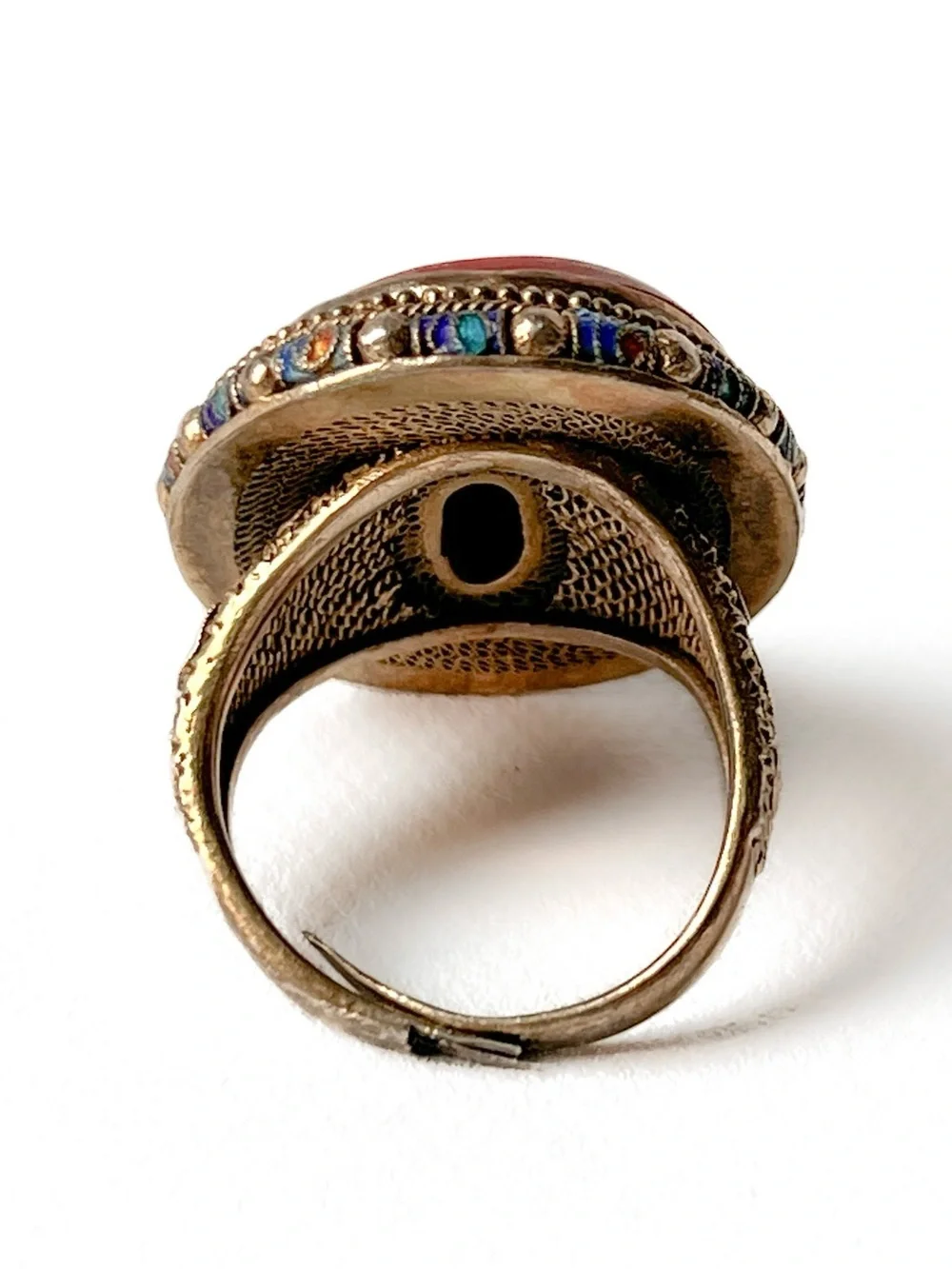Antique Chinese Cinnabar Ring Carved Floral Silver Gold Gilt Enamel Adjustable